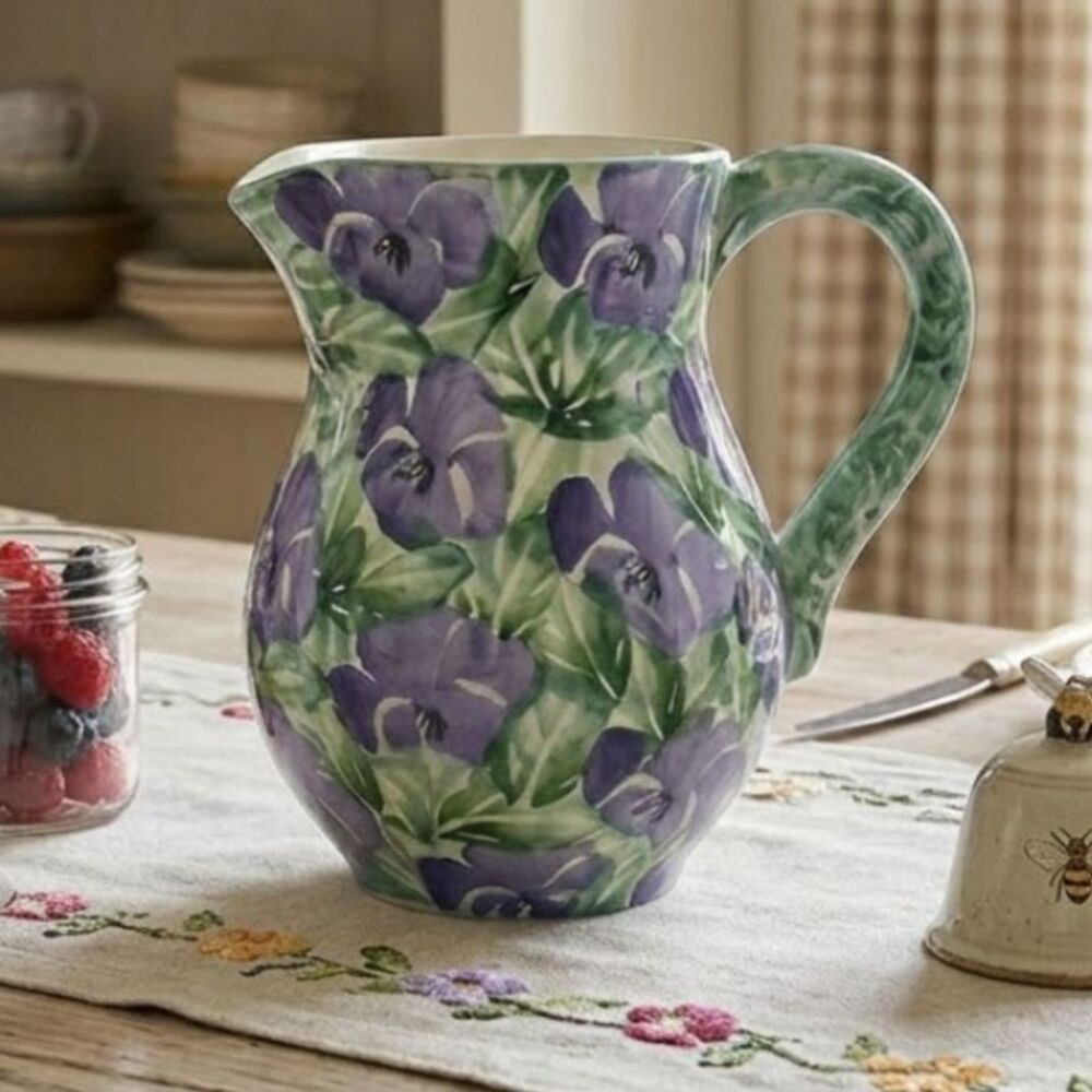 Bloomingdales Italy Hand Painted Italy Pottery Pitcher Floral Blue Pansy